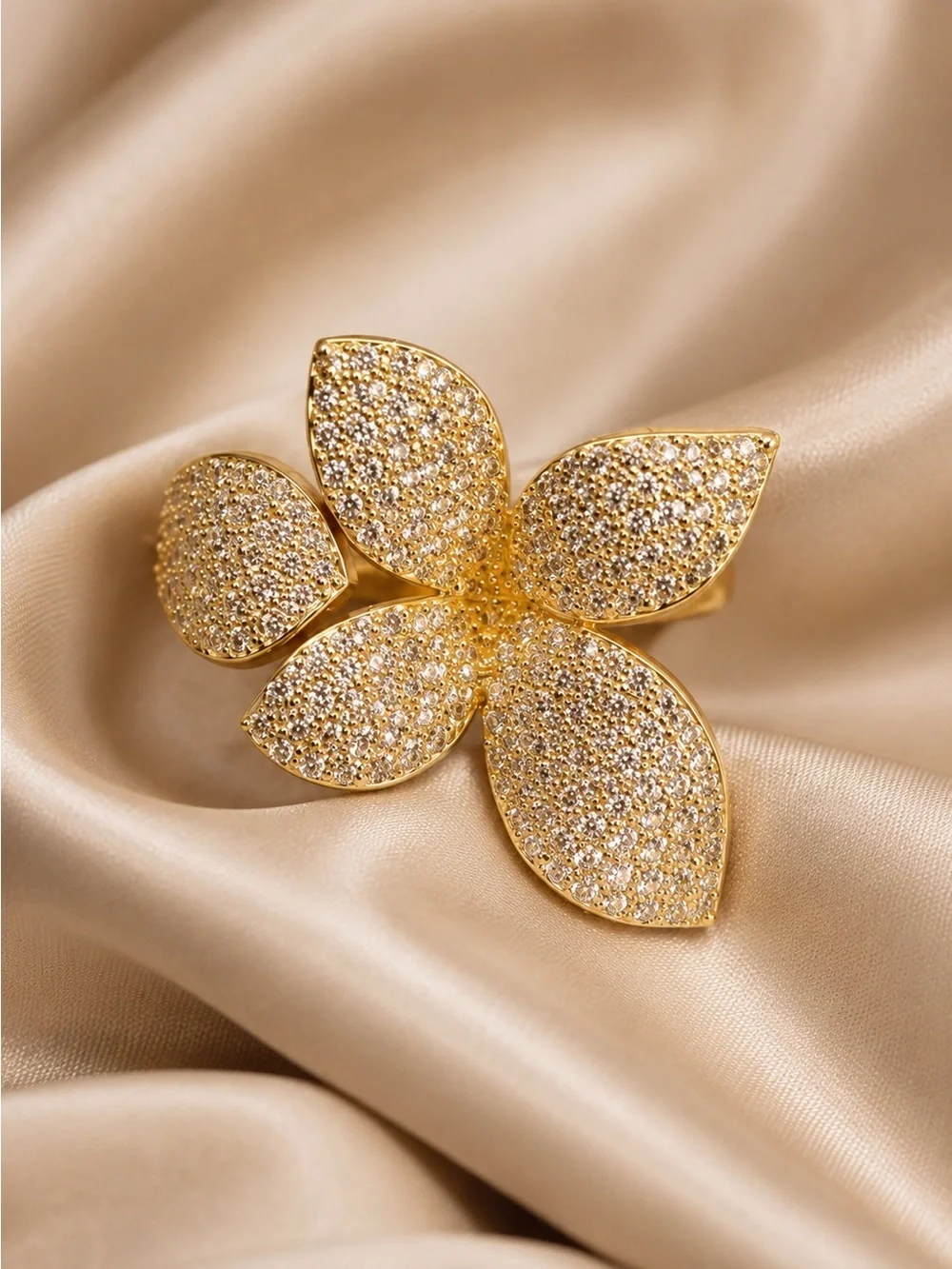 Gold Pavé Crystal Flower Statement Ring Oversized Floral Ring